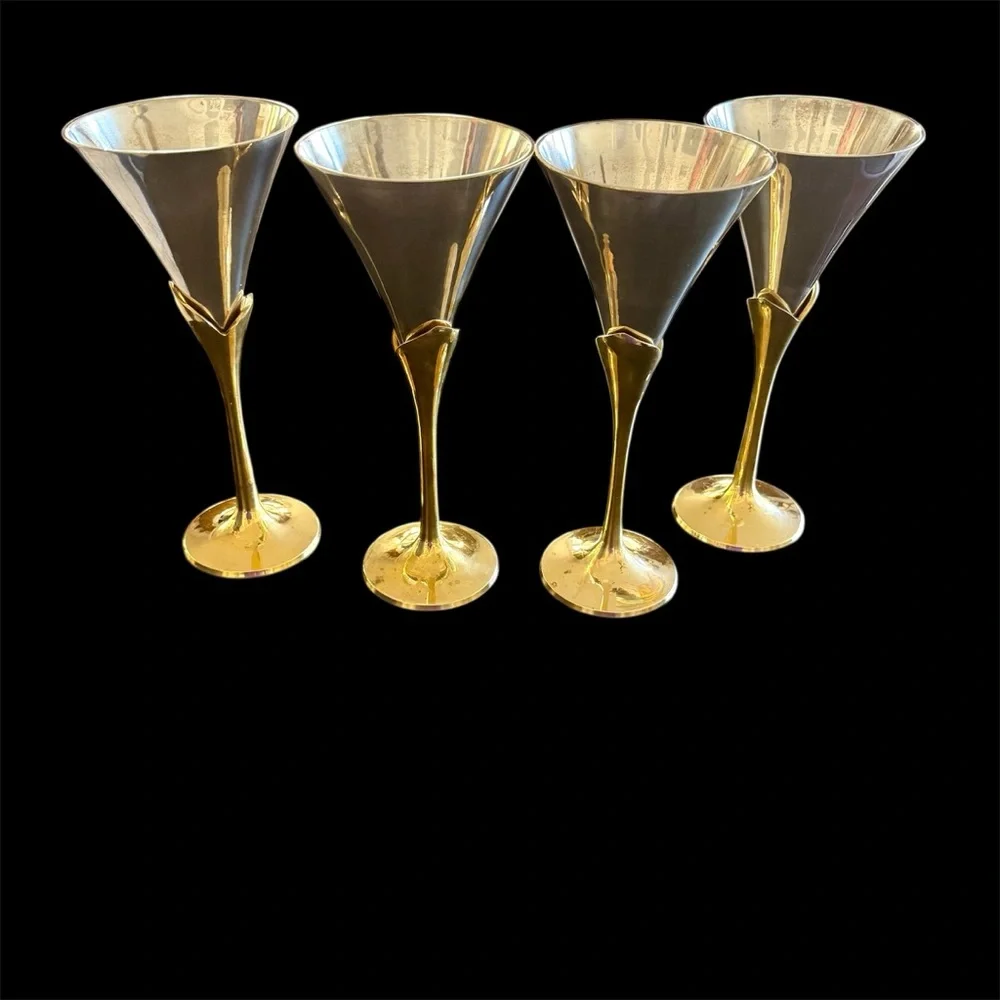 4 Wine goblets Silver Plate, brass stems. Vintage sculptural mid century modern
